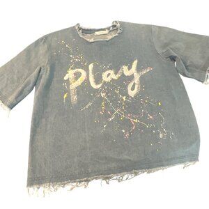 Denim Shirt Top Blouse Raw Hem Short Sleeves Play Paint Splatter The N.J Korea